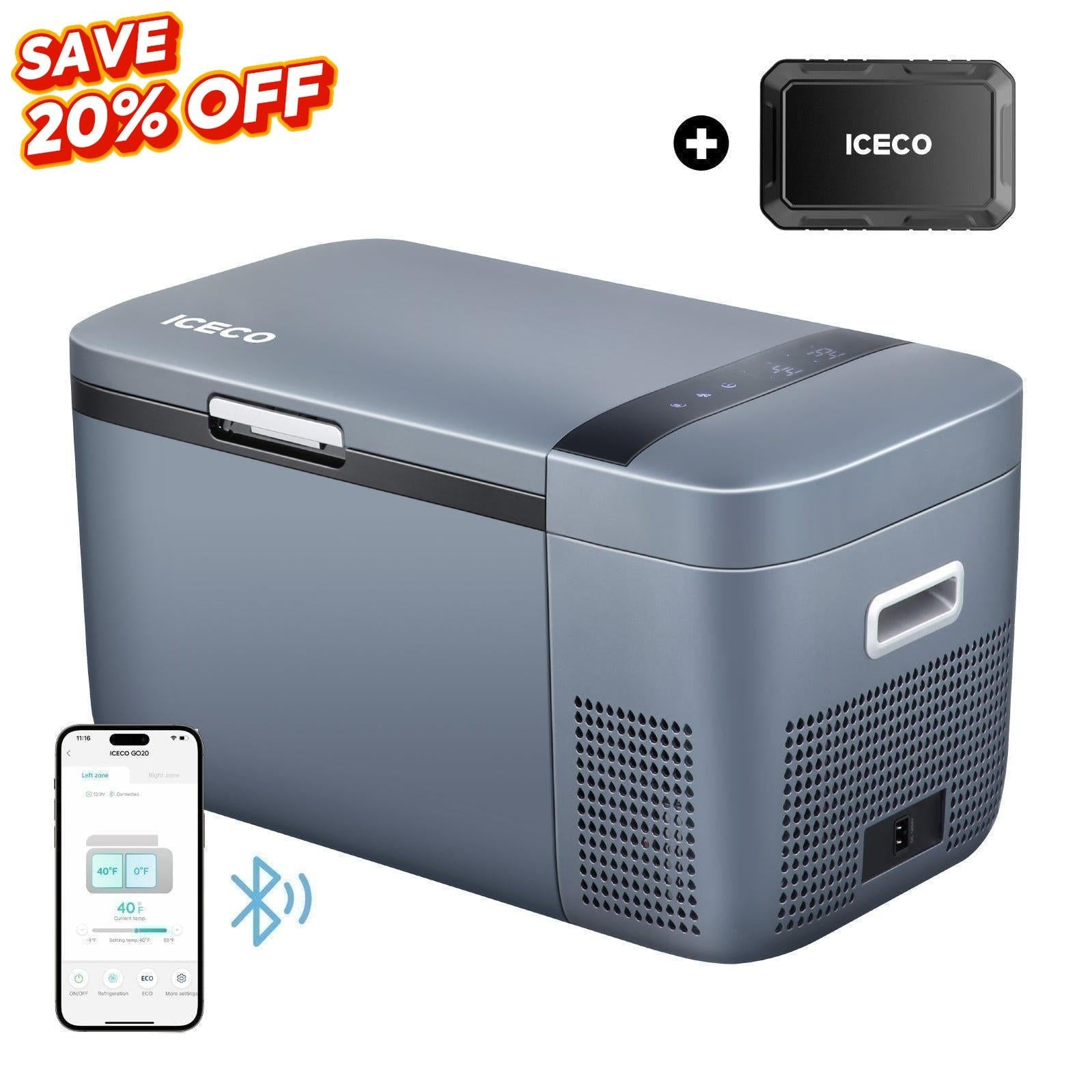21QT GO20 Dual Zone 12V Car Fridge with Magnetic Power Bank | ICECO