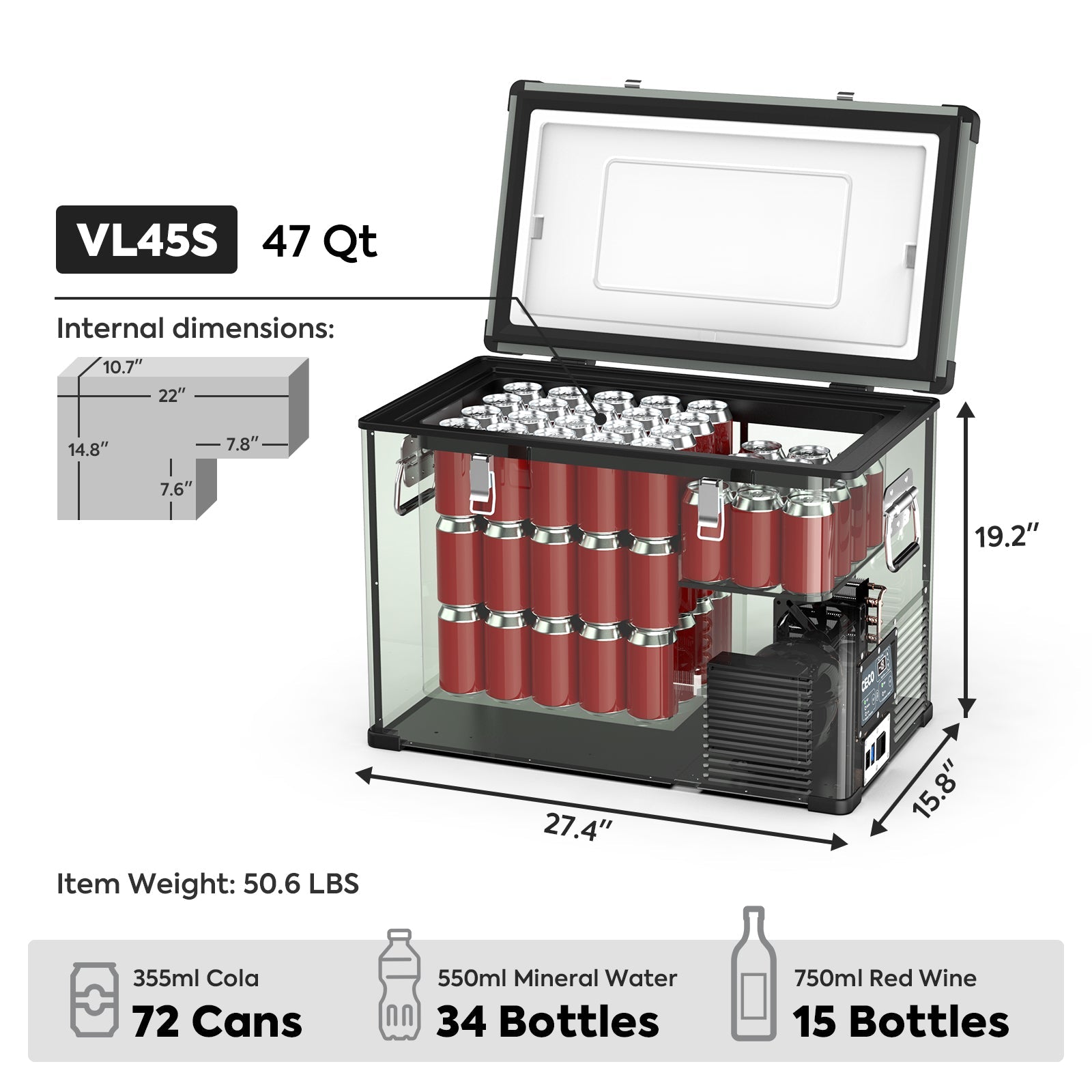 47.5QT VL45 Portable Fridge Single Zone Freezer With Magnetic Power Bank